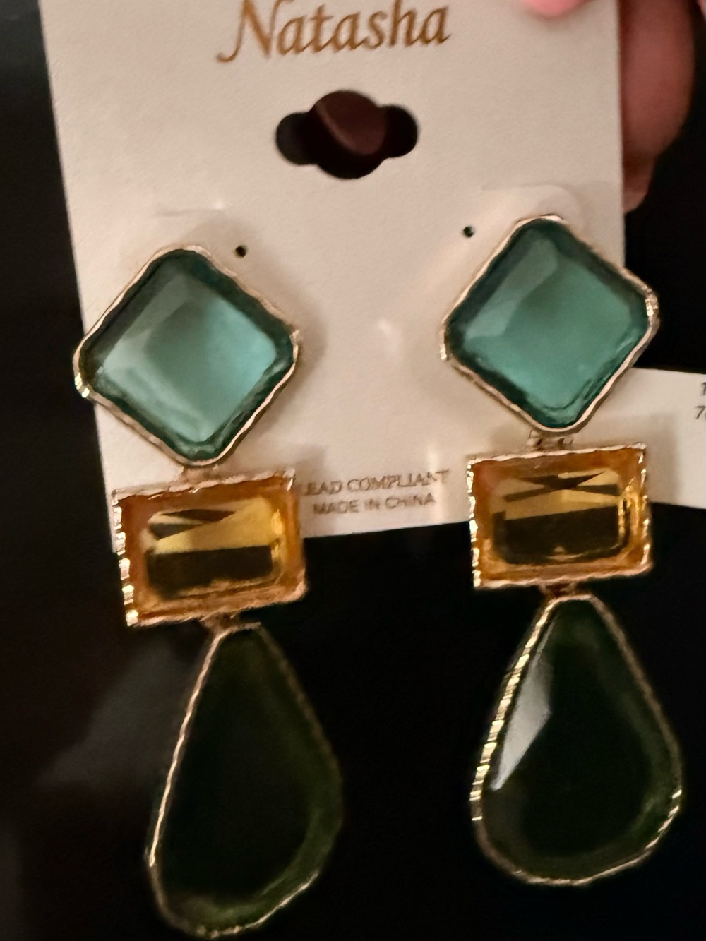Natasha Couture Gold-Tone Teal, Amber & Dark Green Drop Earrings